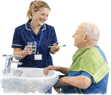 Carer assisting elderly man with brushing teeth at sink in home care setting