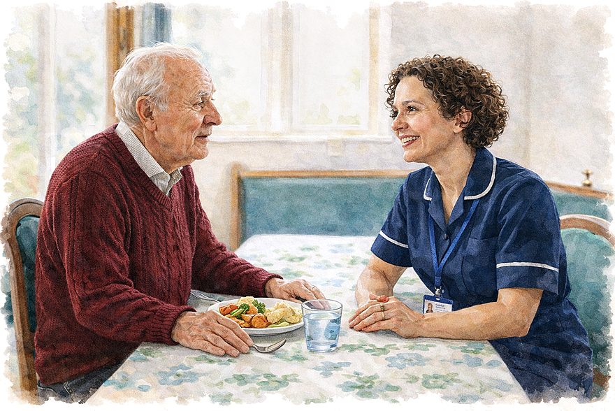 Daily living support with carer assisting elderly man during meal at home Braintree