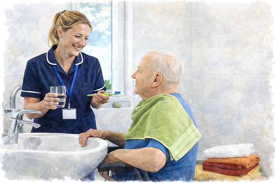 Personal care support with carer helping elderly man brush teeth at sink Braintree