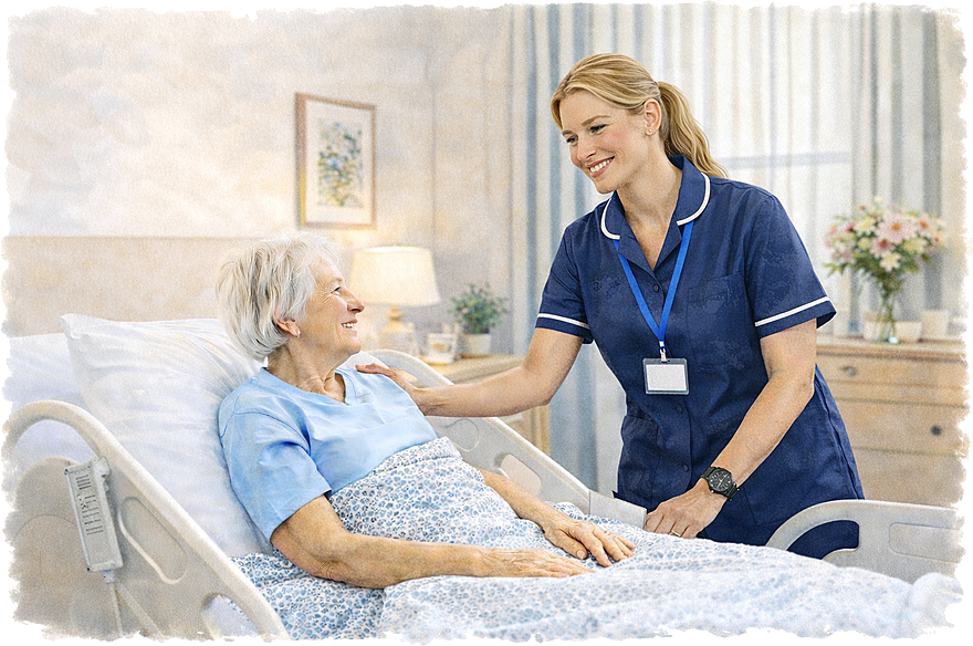 Respite care support with carer assisting elderly woman in bed at home Braintree