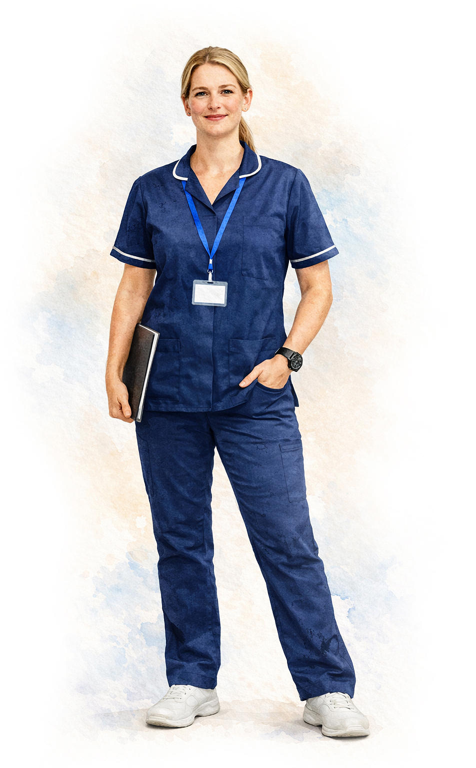 Professional home carer in uniform standing with tablet E2K Care Agency Braintree
