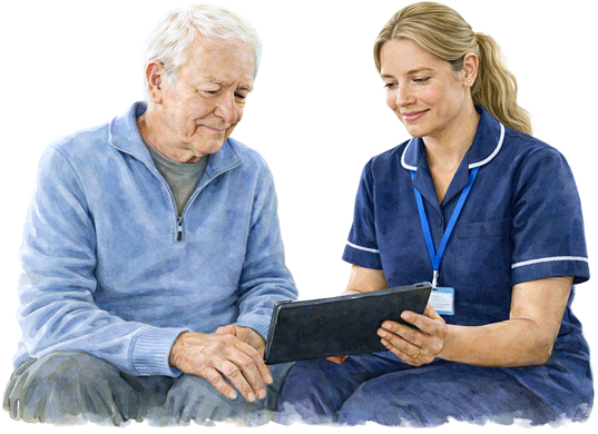 Home care consultation with carer discussing care plan on tablet with elderly man Braintree