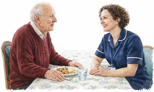 Daily living support with carer assisting elderly man during meal at home