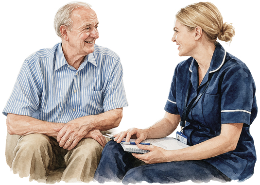 Home care services consultation with carer talking to elderly man