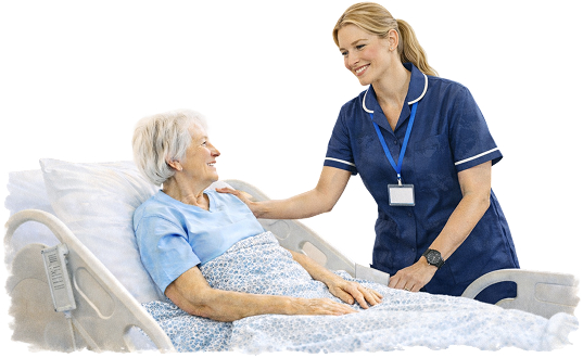 Respite care support with carer assisting elderly woman in bed at home