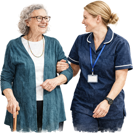 Companionship care with carer supporting elderly woman walking with assistance